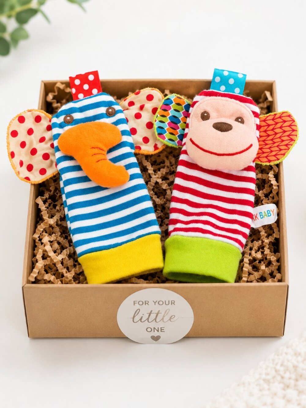 Baby Sensory Wrist Rattle & Foot Finder Sock Set | Elephant Monkey 6-12M Gift